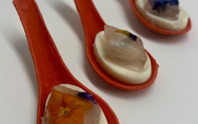 Lychee Panna Cotta, Moscato Gelee with Edible Flowers – White Chocolate Spoons